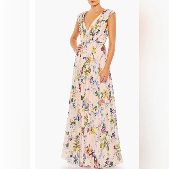 Mac Duggal | Dresses | Mac Dauggal Pleated Floral Cap Sleeve A Line Gown  Pink Multi Size 6 | Poshmark